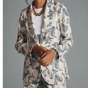 By Anthropologie Printed Blazer White and Blue Relaxed Silhouette Size 12